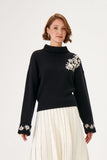 Contrast Floral Embroidered Wool Black Knitwear Sweater