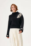 Contrast Floral Embroidered Wool Black Knitwear Sweater