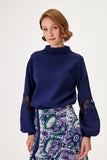 High Neck  Sleeve Embroidered Navy Blue Knitwear Sweater