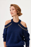 Open Shoulder Knitwear Sweater with Handcrafted Chain Detail