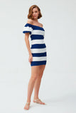 Balloon Sleeve Striped Blue Mini  Dress