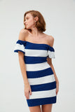 Balloon Sleeve Striped Blue Mini  Dress