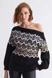 Low Shoulder Stone Embroidered Patterned Knitwear Sweater